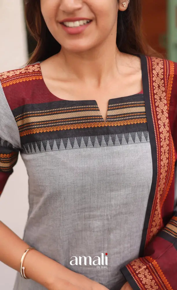Grey and Black Chettinad Cotton Salwar Set - salwar
