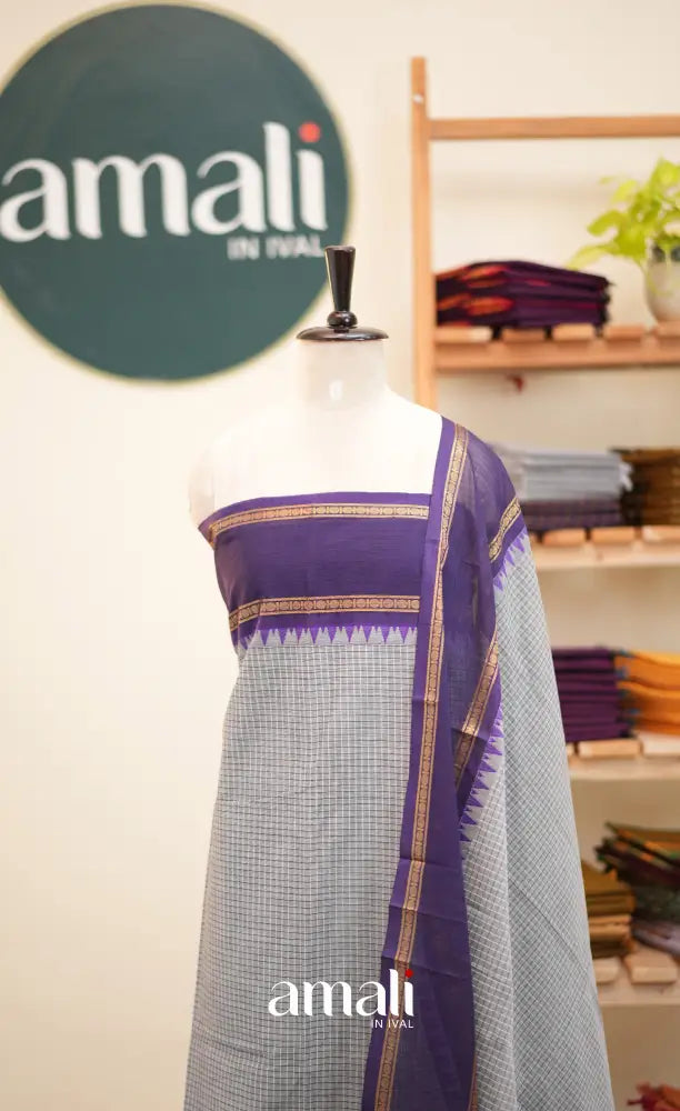 Grey and Purple Chettinad Cotton Unstitched Salwar Set - salwar
