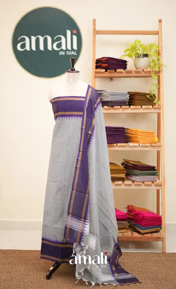 Grey and Purple Chettinad Cotton Unstitched Salwar Set - salwar