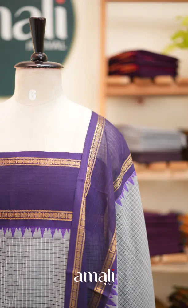 Grey and Purple Chettinad Cotton Unstitched Salwar Set - salwar
