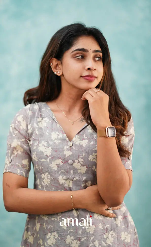 Grey Semi Linen Kurti Co-ord sets