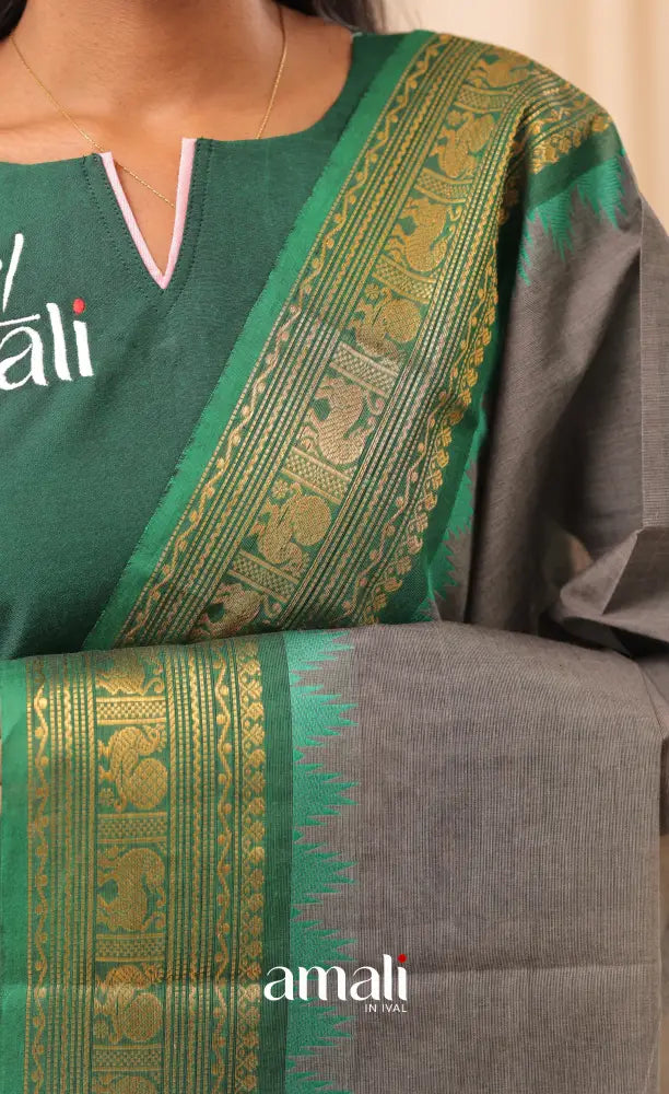 Grey With Deep Green Chettinad Cotton Dupatta salwar