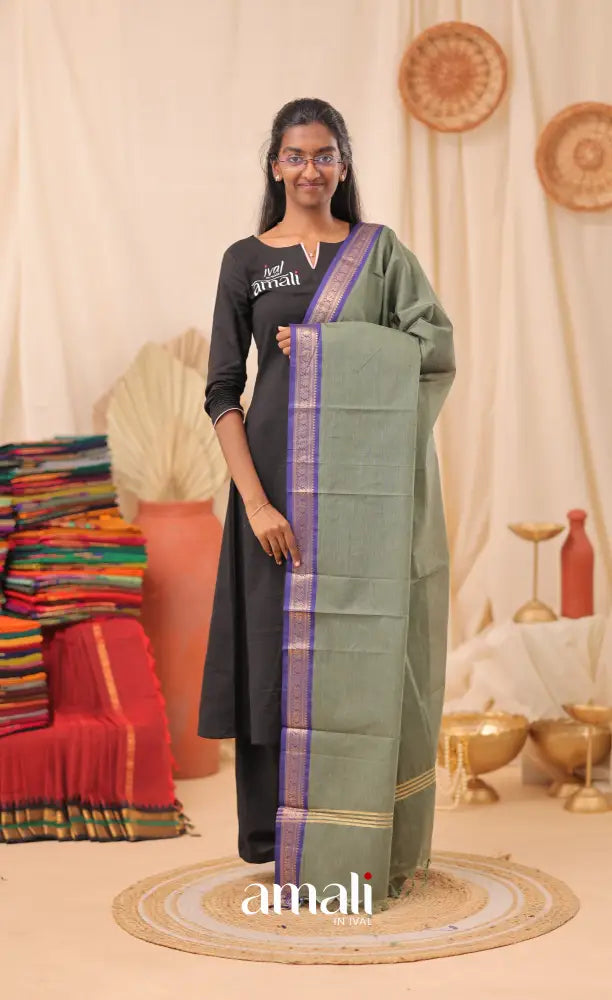 Greyish Green With Deep Blue Chettinad Cotton Dupatta salwar