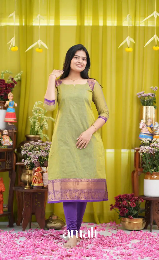 Henna green and Dark purple Chettinad Cotton Salwar Set - salwar