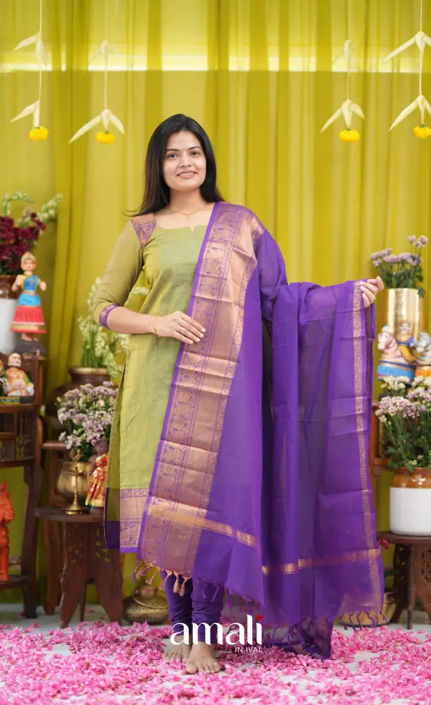 Henna green and Dark purple Chettinad Cotton Salwar Set - salwar