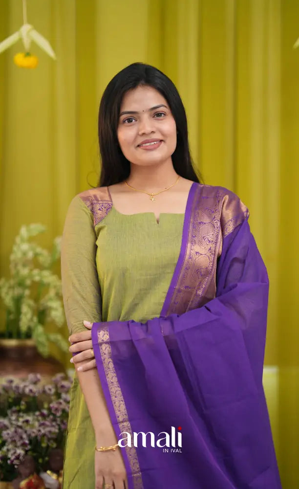 Henna green and Dark purple Chettinad Cotton Salwar Set - salwar