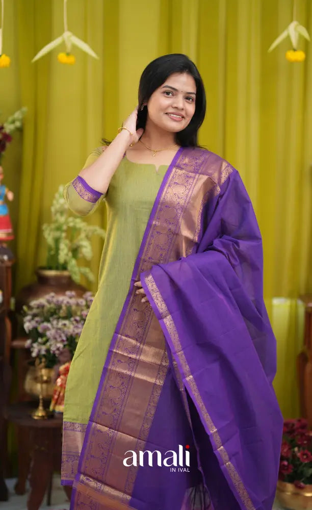 Henna green and Dark purple Chettinad Cotton Salwar Set - salwar