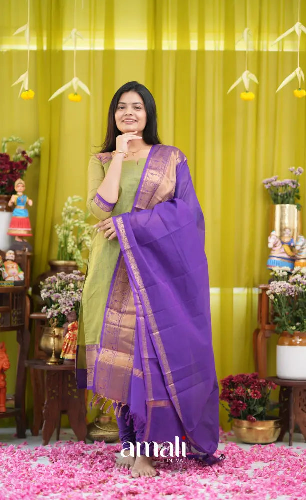 Henna green and Dark purple Chettinad Cotton Salwar Set - salwar