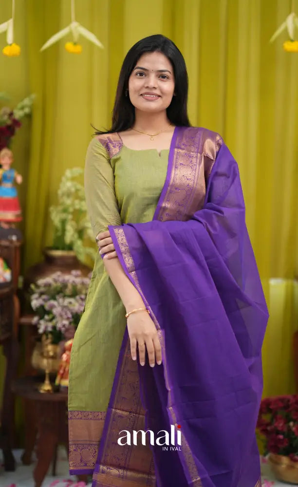 Henna green and Dark purple Chettinad Cotton Salwar Set - salwar