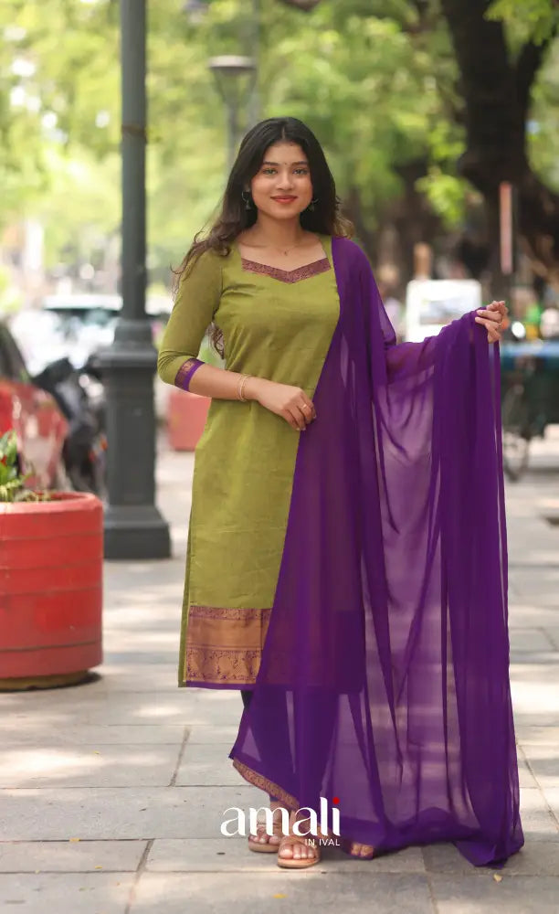 Henna Green and Purple Chettinad Cotton Salwar Set - salwar