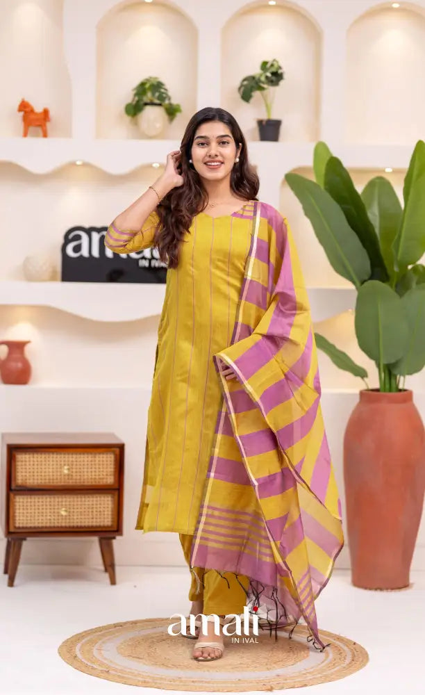Henna Yellow and Pink Viscose Chanderi Salwar Set - salwar