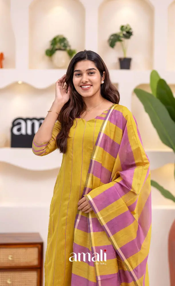 Henna Yellow and Pink Viscose Chanderi Salwar Set - salwar