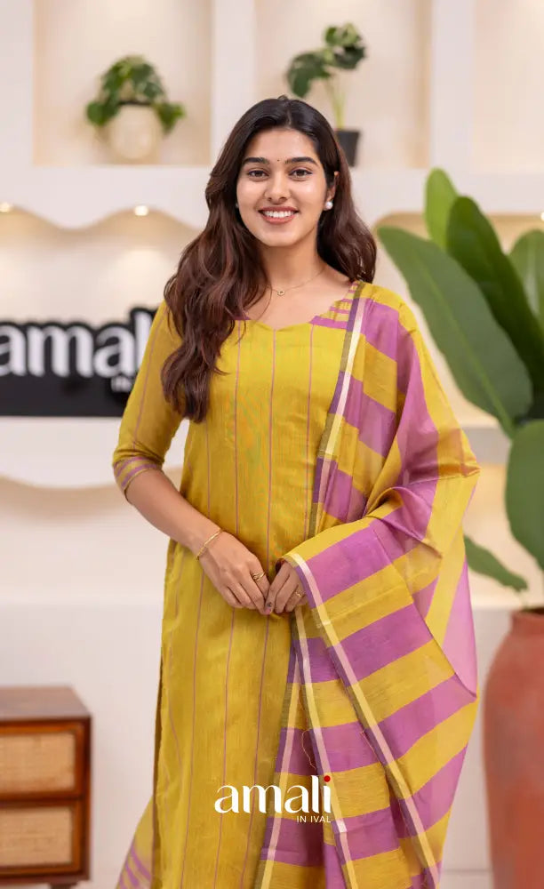 Henna Yellow and Pink Viscose Chanderi Salwar Set - salwar