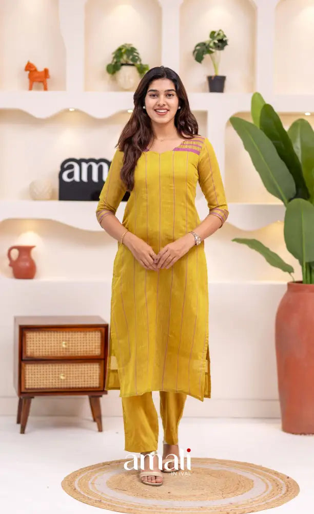 Henna Yellow and Pink Viscose Chanderi Salwar Set - salwar