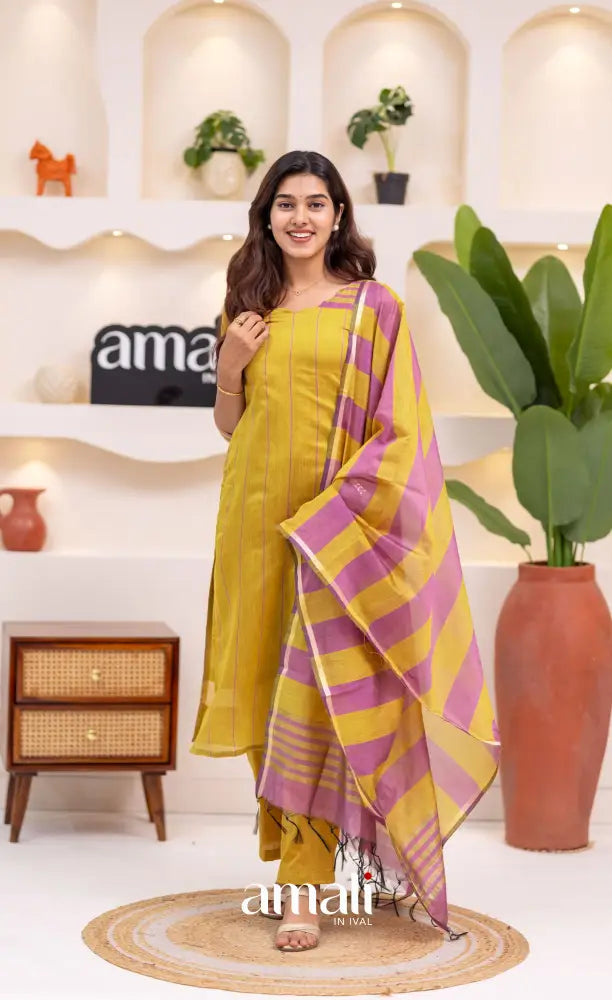 Henna Yellow and Pink Viscose Chanderi Salwar Set - salwar