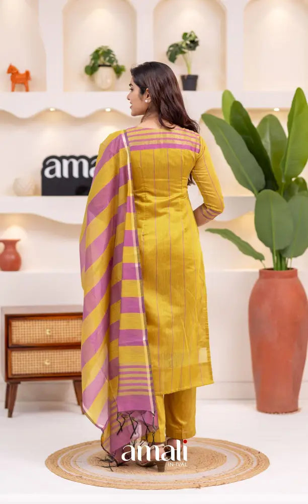 Henna Yellow and Pink Viscose Chanderi Salwar Set - salwar