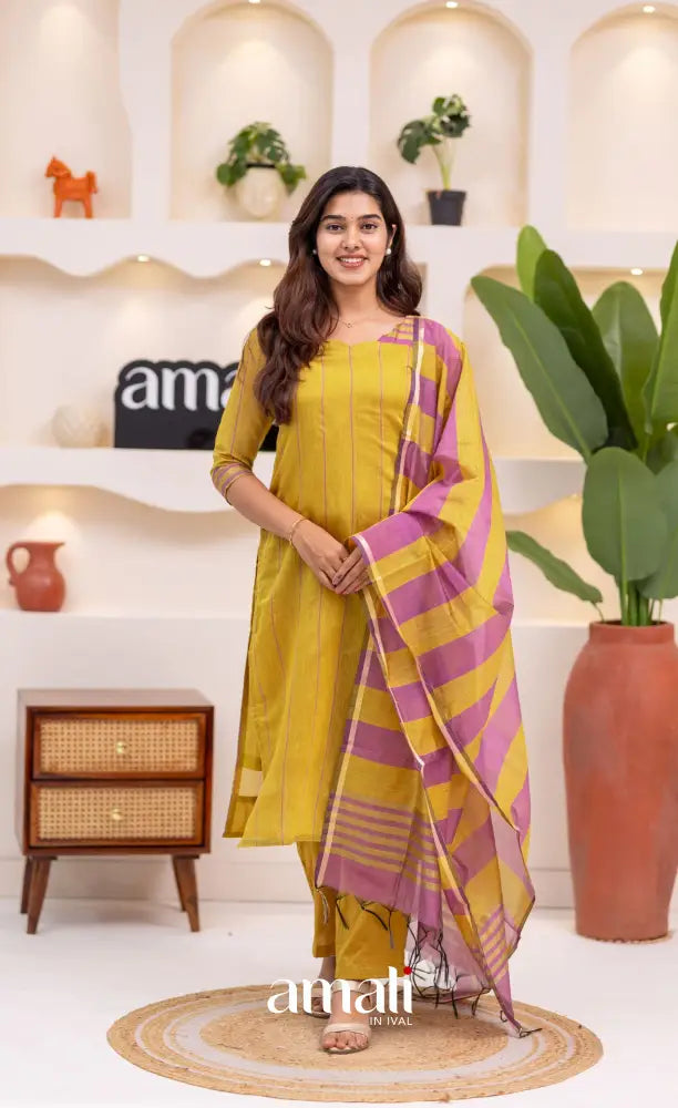 Henna Yellow and Pink Viscose Chanderi Salwar Set - salwar