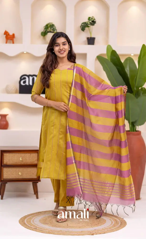 Henna Yellow and Pink Viscose Chanderi Salwar Set - salwar