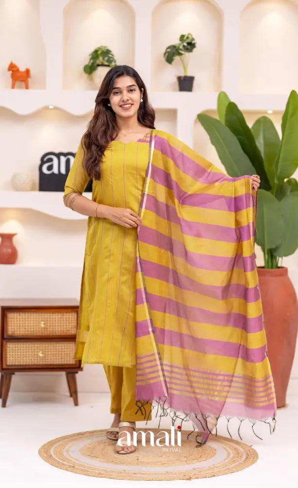 Henna Yellow and Pink Viscose Chanderi Salwar Set - salwar