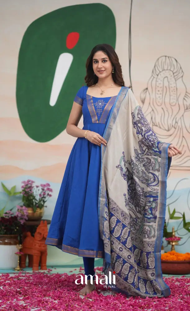 Ink Blue and Turquoise Mangalagiri Cotton Anarkali Anarkalis