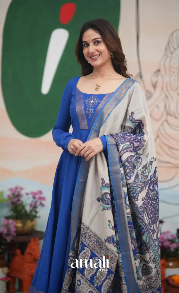 Ink Blue and Turquoise Mangalagiri Cotton Anarkali S