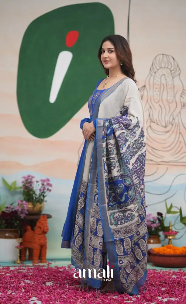 Ink Blue and Turquoise Mangalagiri Cotton Anarkali S