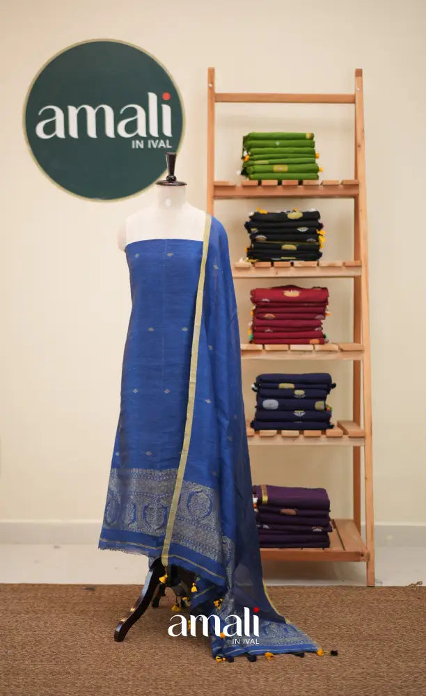 Ink Blue Handloom Linen Unstitched Salwar Set - salwar