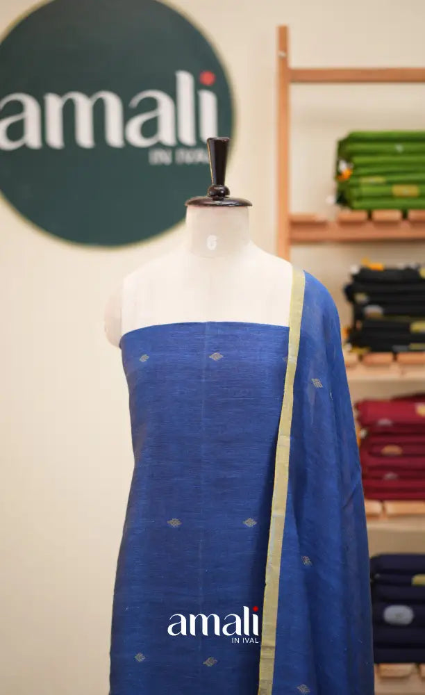 Ink Blue Handloom Linen Unstitched Salwar Set - salwar