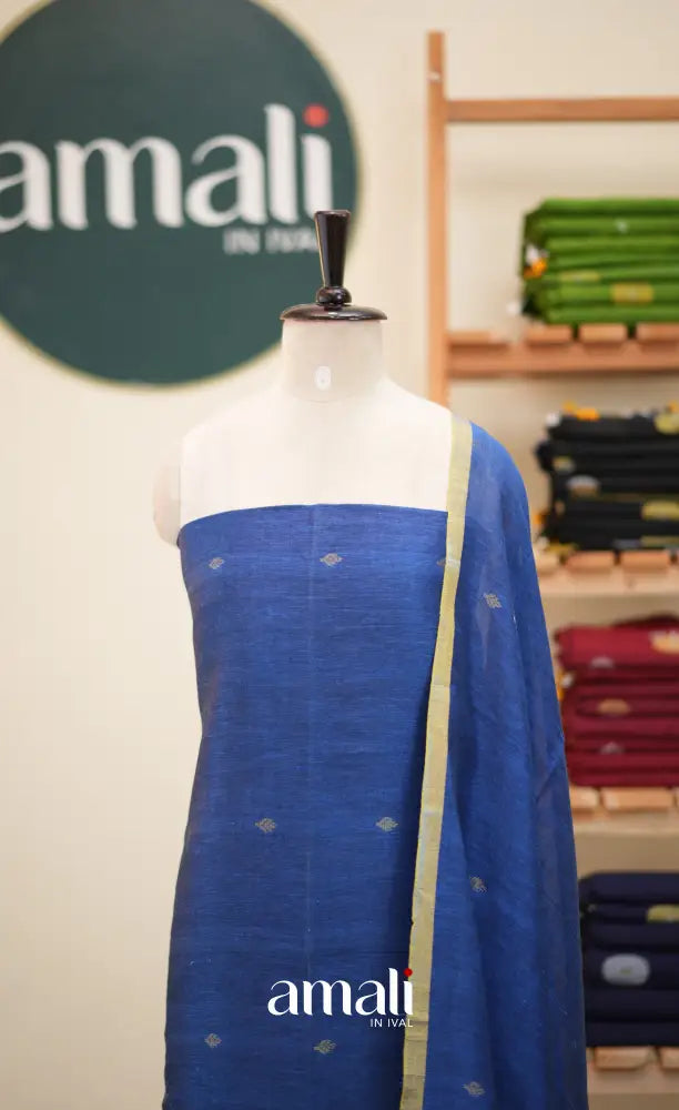 Ink Blue Handloom Linen Unstitched Salwar Set - salwar