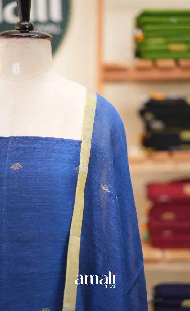 Ink Blue Handloom Linen Unstitched Salwar Set - salwar