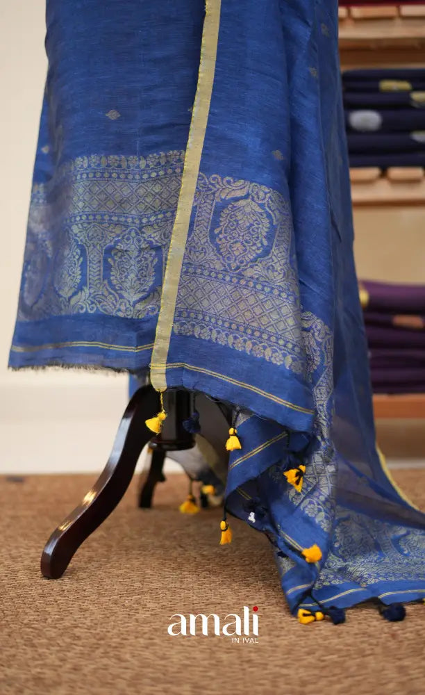 Ink Blue Handloom Linen Unstitched Salwar Set - salwar