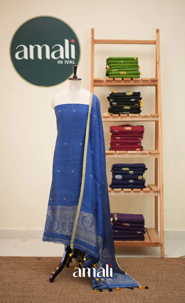 Ink Blue Handloom Linen Unstitched Salwar Set - salwar