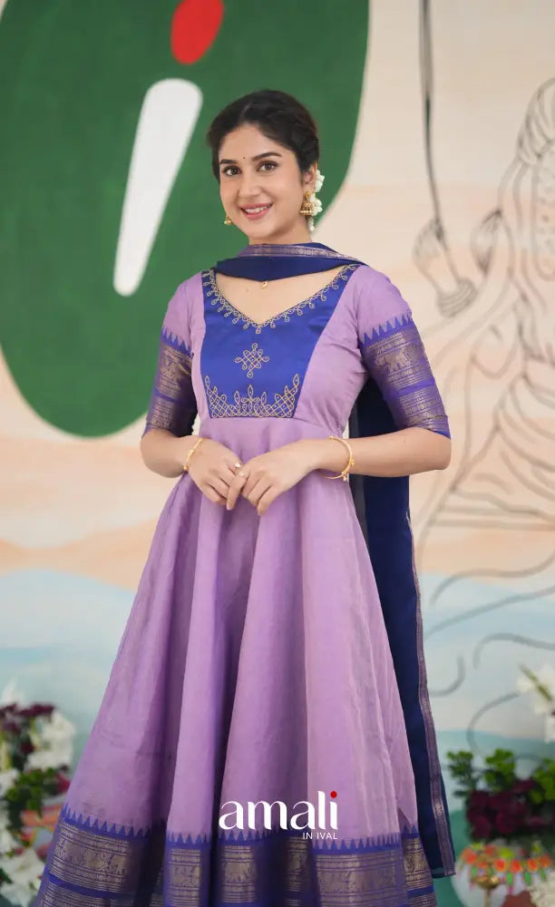 Lavender and Dark Blue Cotton Anarkali Anarkalis