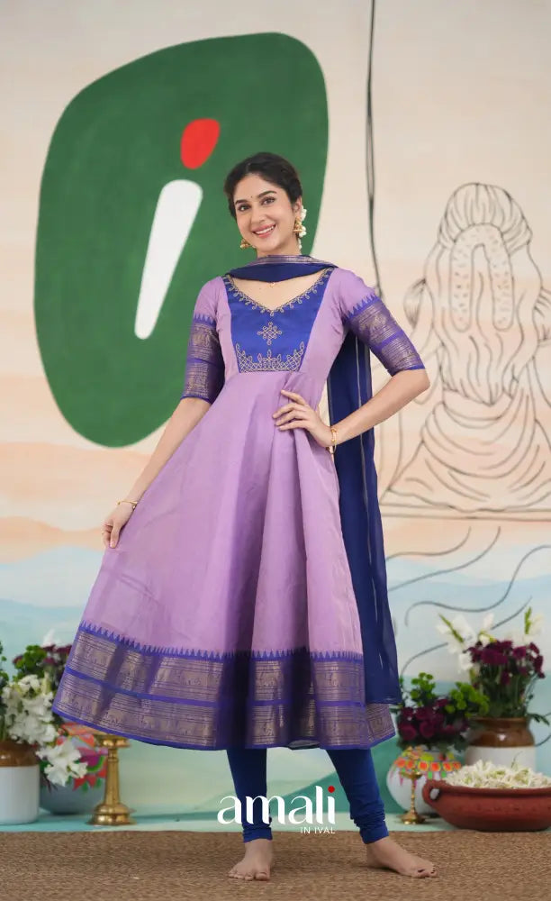 Lavender and Dark Blue Cotton Anarkali Anarkalis