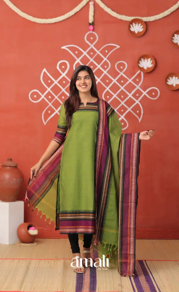 Leaf green with Wine Chettinad Cotton Salwar - salwar