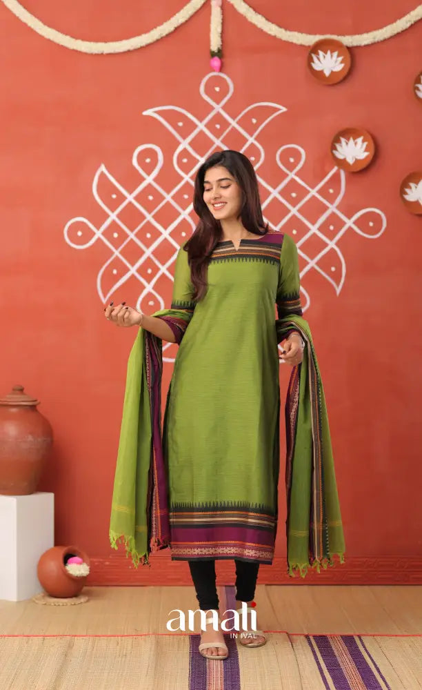 Leaf green with Wine Chettinad Cotton Salwar - salwar