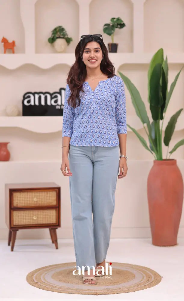 Light blue Jaipur Hand Block-Printed Short Top - salwar