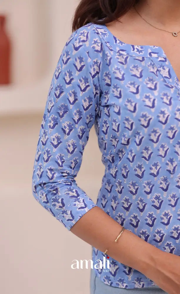 Light blue Jaipur Hand Block-Printed Short Top - salwar