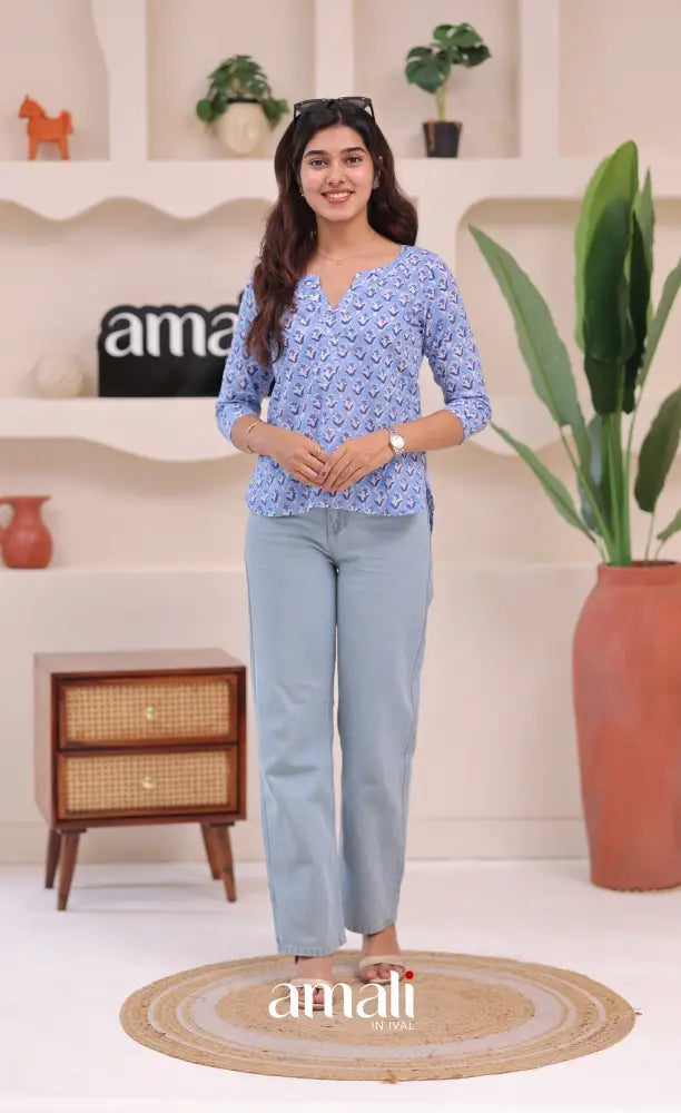 Light blue Jaipur Hand Block-Printed Short Top - salwar