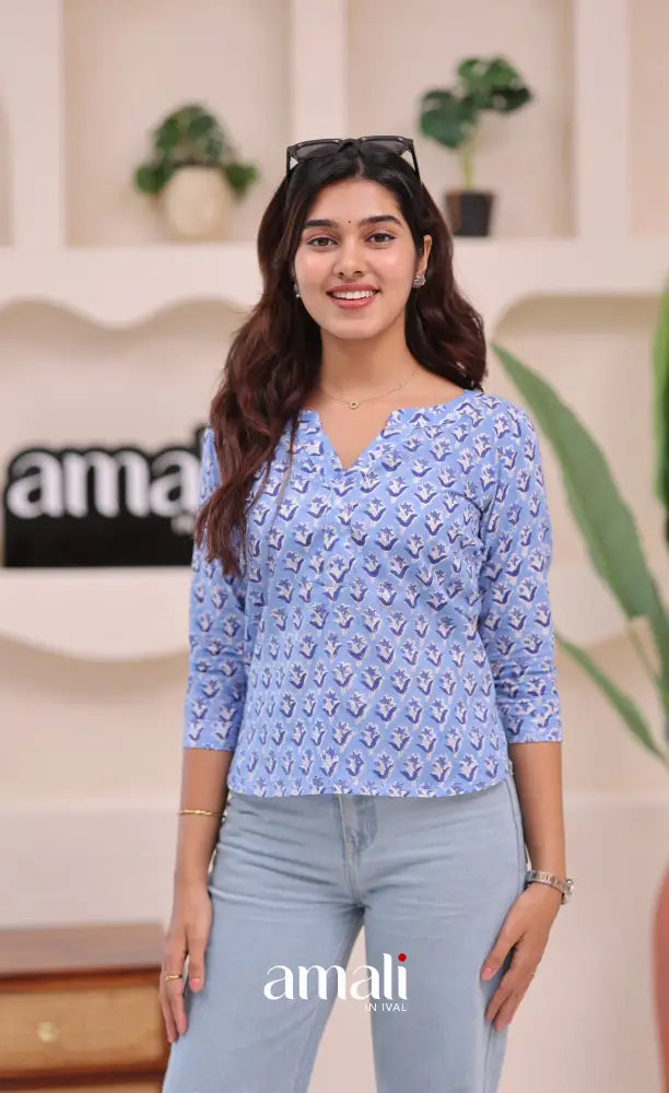 Light blue Jaipur Hand Block-Printed Short Top - salwar