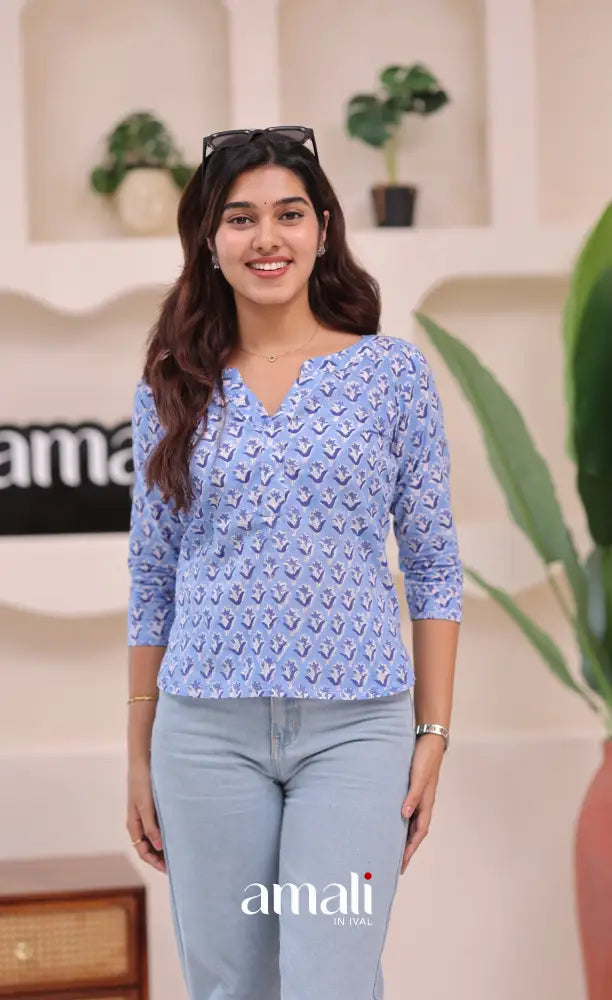 Light blue Jaipur Hand Block-Printed Short Top - salwar