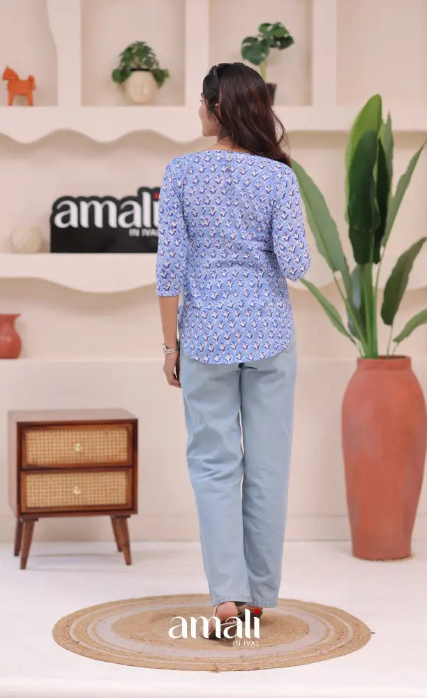 Light blue Jaipur Hand Block-Printed Short Top - salwar