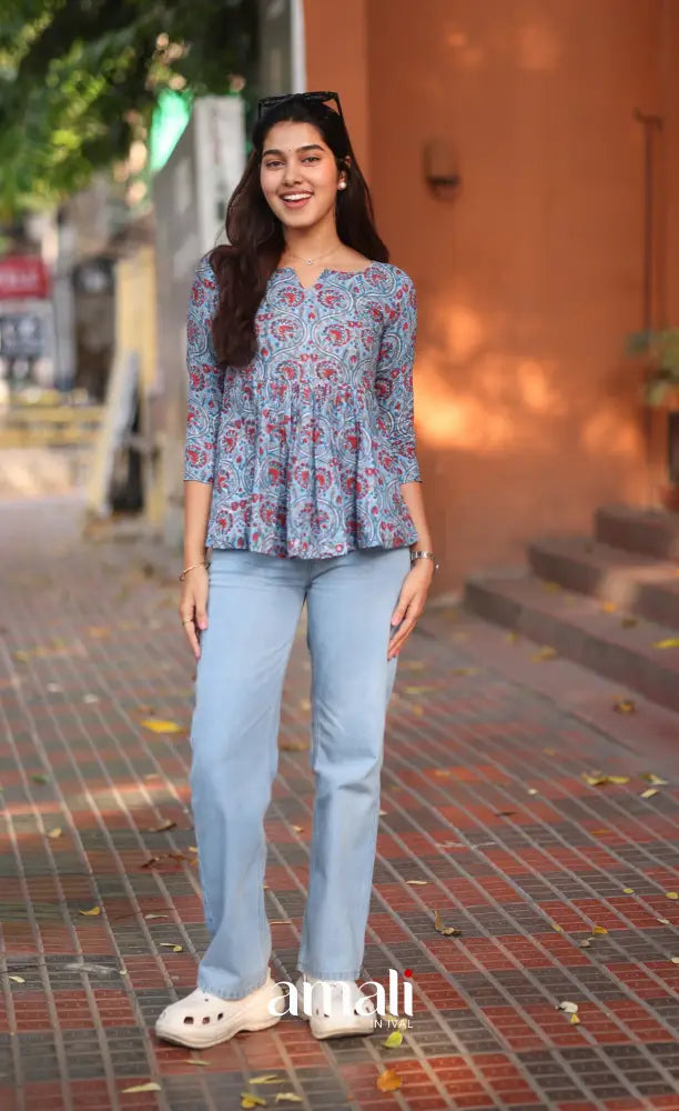 Light Blue Jaipur Hand Block-Printed Short Top - salwar