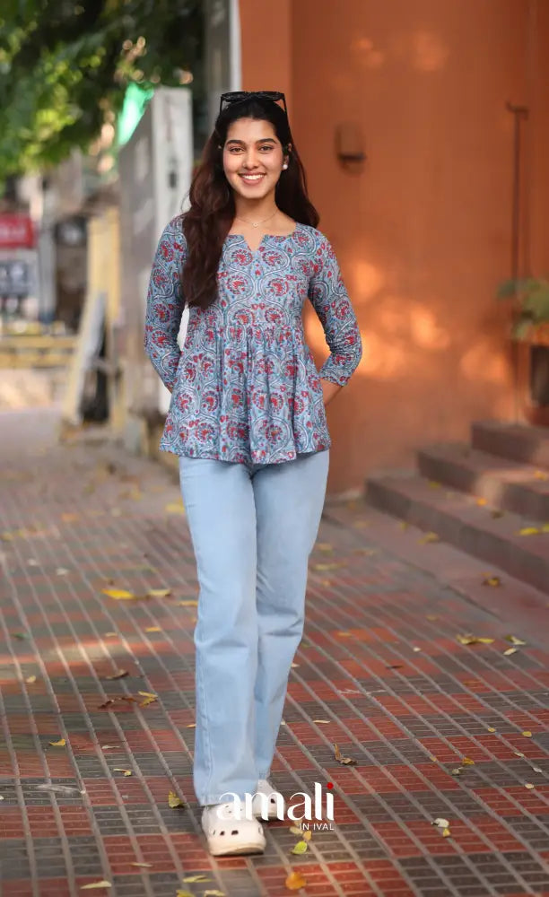 Light Blue Jaipur Hand Block-Printed Short Top - salwar