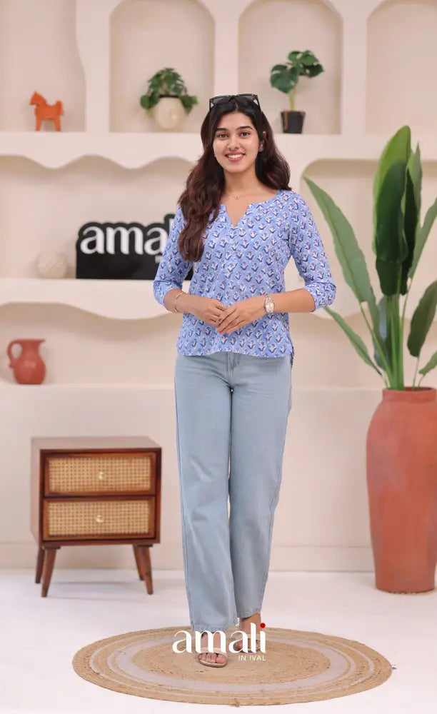 Light blue Jaipur Hand Block-Printed Short Top - salwar