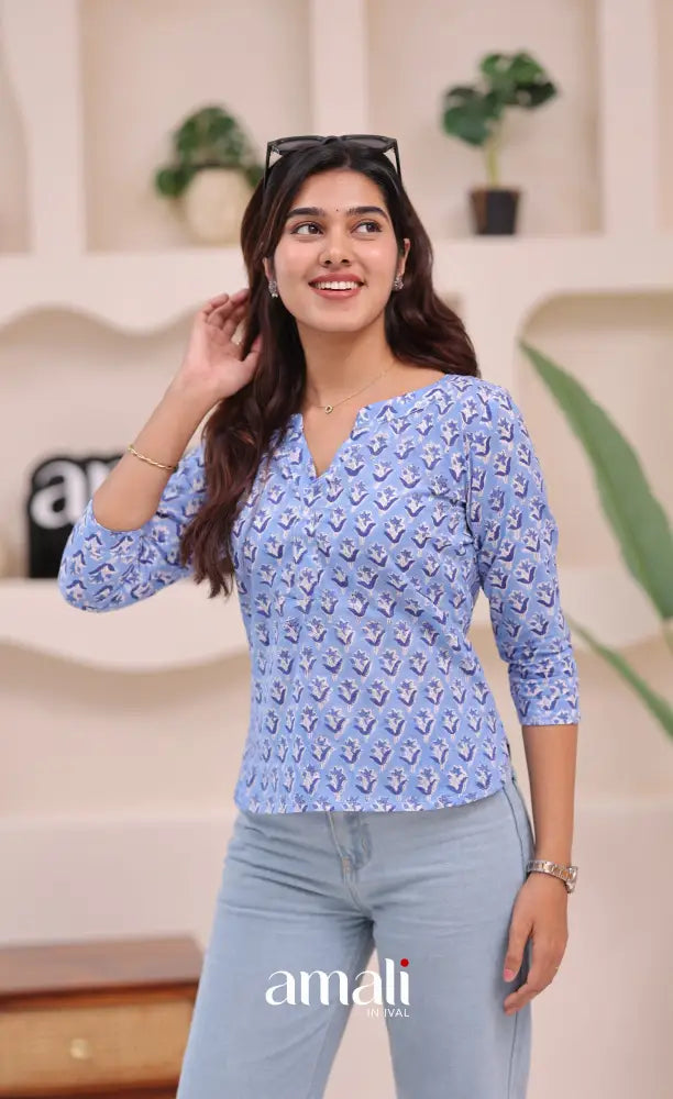 Light blue Jaipur Hand Block-Printed Short Top - salwar