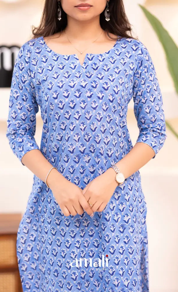 Light Blue Monochrome Jaipur Print Cotton Top and Pant - salwar