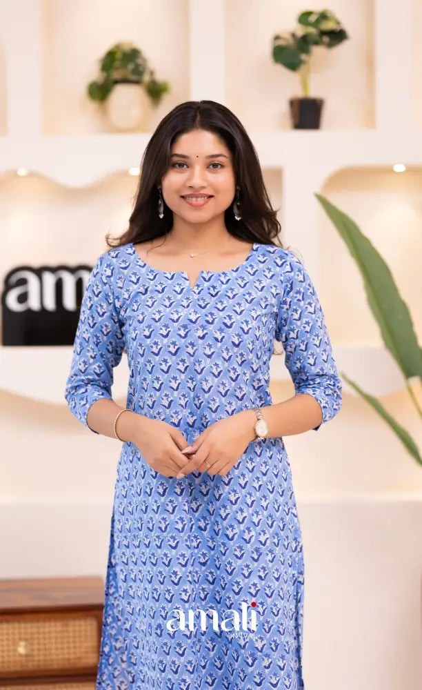 Light Blue Monochrome Jaipur Print Cotton Top and Pant - salwar