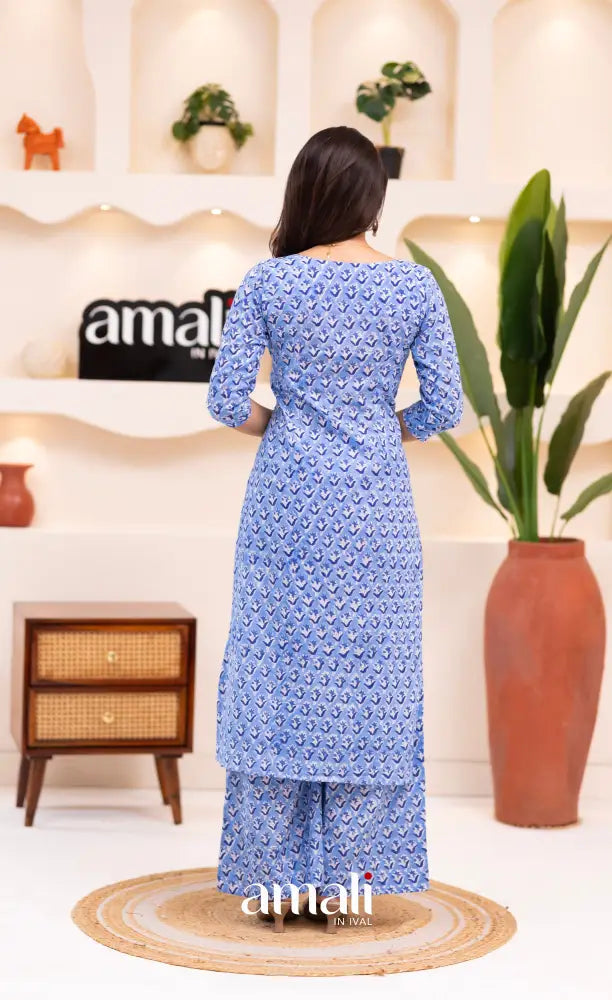 Light Blue Monochrome Jaipur Print Cotton Top and Pant - salwar