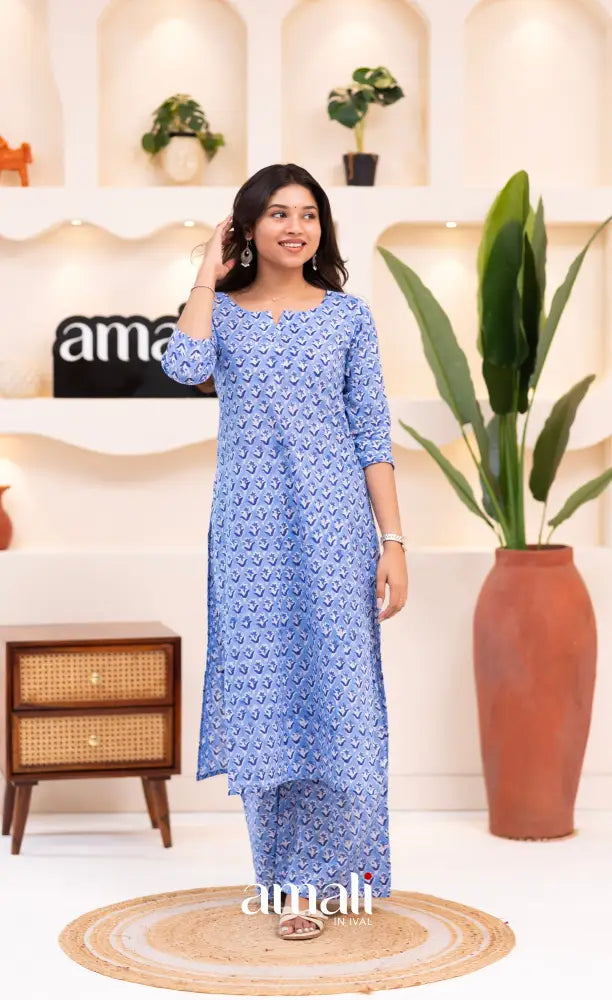 Light Blue Monochrome Jaipur Print Cotton Top and Pant - salwar